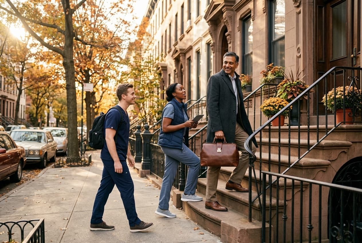 A physician, nurse practitioner, and physician assistant climbing a Brooklyn brownstone stoop on their morning rounds