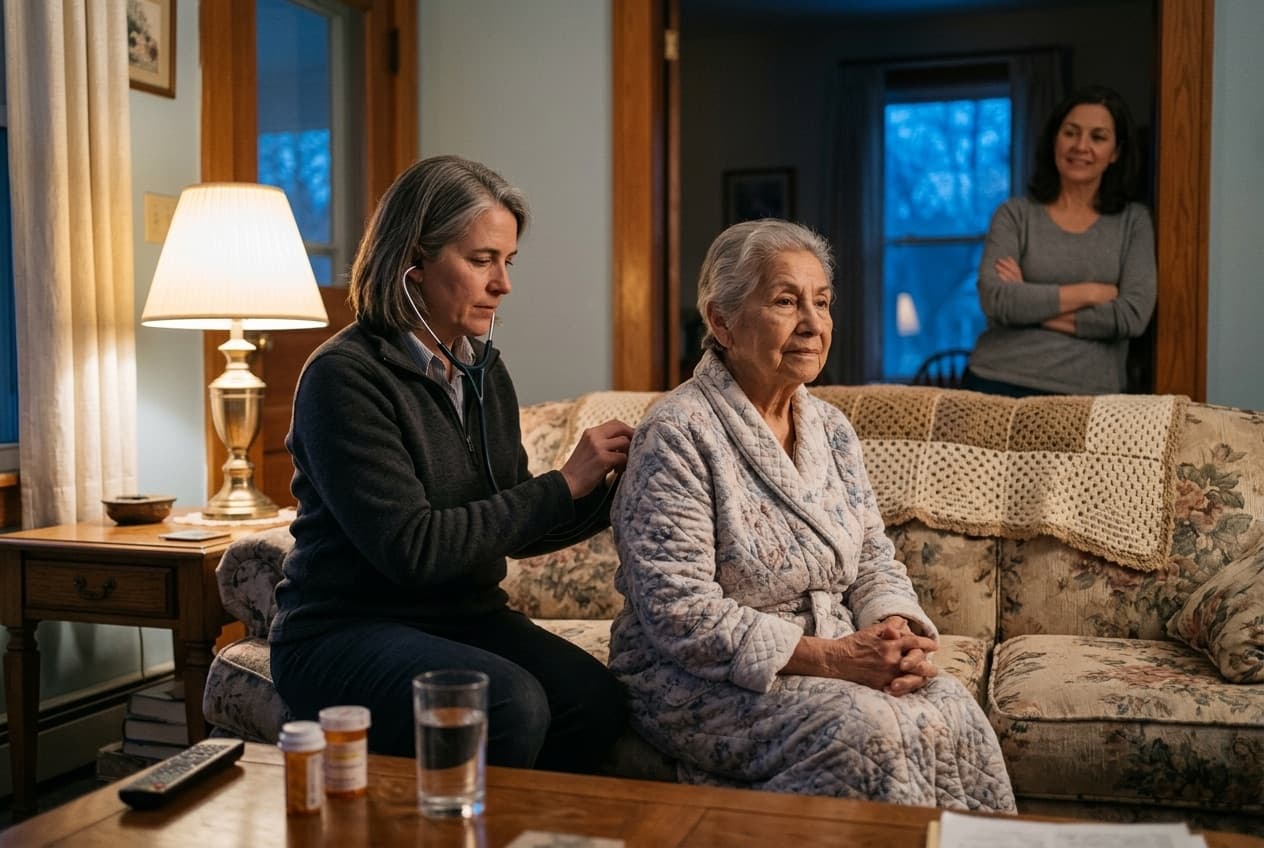 A doctor listens to an elderly woman's breathing on her sofa during an evening urgent home visit